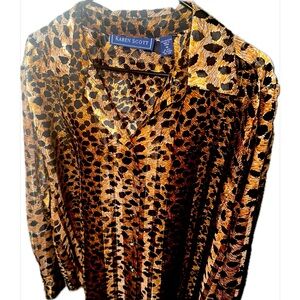 VINTAGE Karen Scott Cheetah Print Blouse w Fabric Buttons, Sheer Panels, Gold